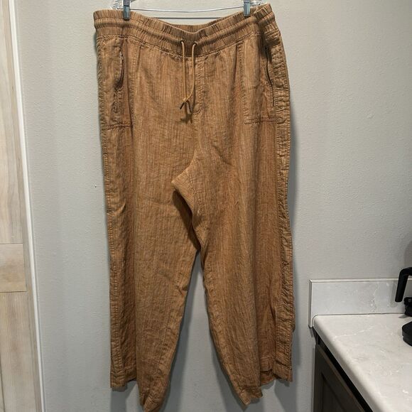 Athleta Womens Pants 26 Linen Textured Wide Leg Brown Pockets Beach Coastal - Picture 1 of 14